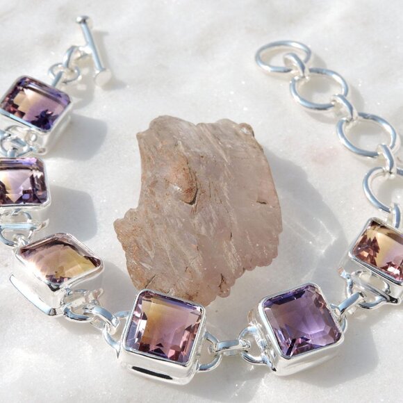 Ametrine Cut Natural Gemstone 925 Sterling Silver Bracelets, One of a Kind Gift - Picture 3 of 5